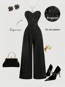 Shimmering Sequin Patchwork Bodysuit, Heart Sequin Halter Wide Leg Dress, Sexy Solid Color Sequin Bodysuit, Nightclub Party Fashion