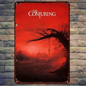2D Flat, 1pc The Conjuring Horror Movie Poster Metal Wall Art - Vintage Gothic House Decoration  - Easy Hang Pre-Drilled Holes - Large 7.9*11.9 Inches - for Living Room, Bedroom, Horror Fan Gift - Haunted House Decor