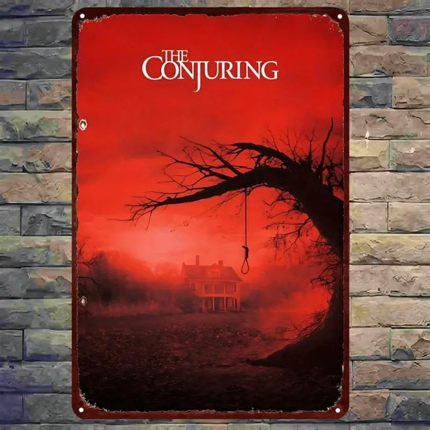 2D Flat, 1pc The Conjuring Horror Movie Poster Metal Wall Art - Vintage Gothic House Decoration  - Easy Hang Pre-Drilled Holes - Large 7.9*11.9 Inches - for Living Room, Bedroom, Horror Fan Gift - Haunted House Decor