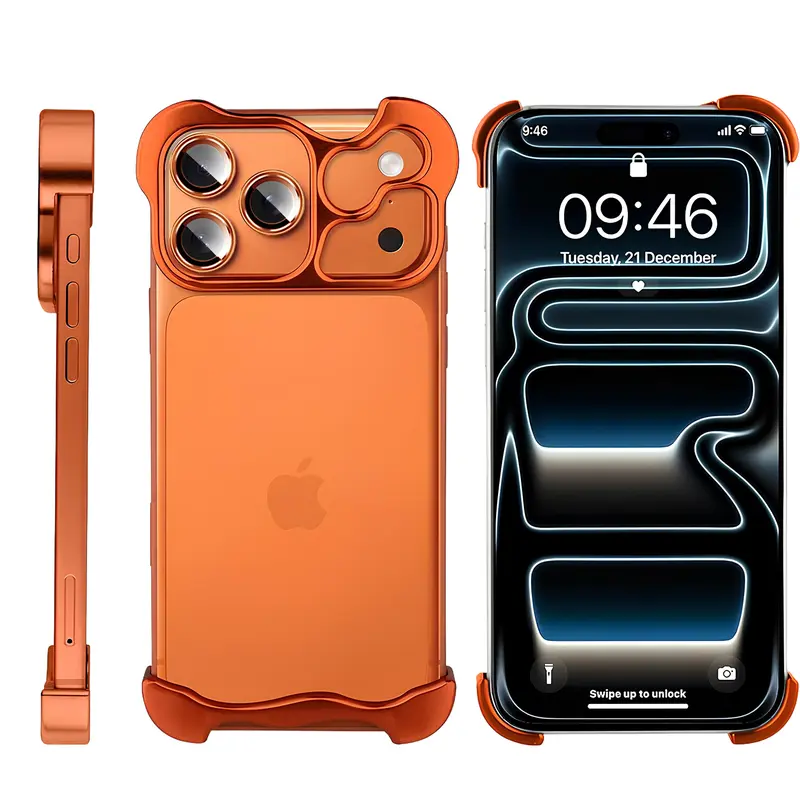 ROTUNOE Aluminum Frameless Phone Case, Heat Dissipation Metal Bumper with Reinforced Corner Pads, Borderless Shockproof Protective Cover with Camera Lens Protection, Compatible with iPhone 18/17/16/15/14/13 Pro Max Plus & Air Series