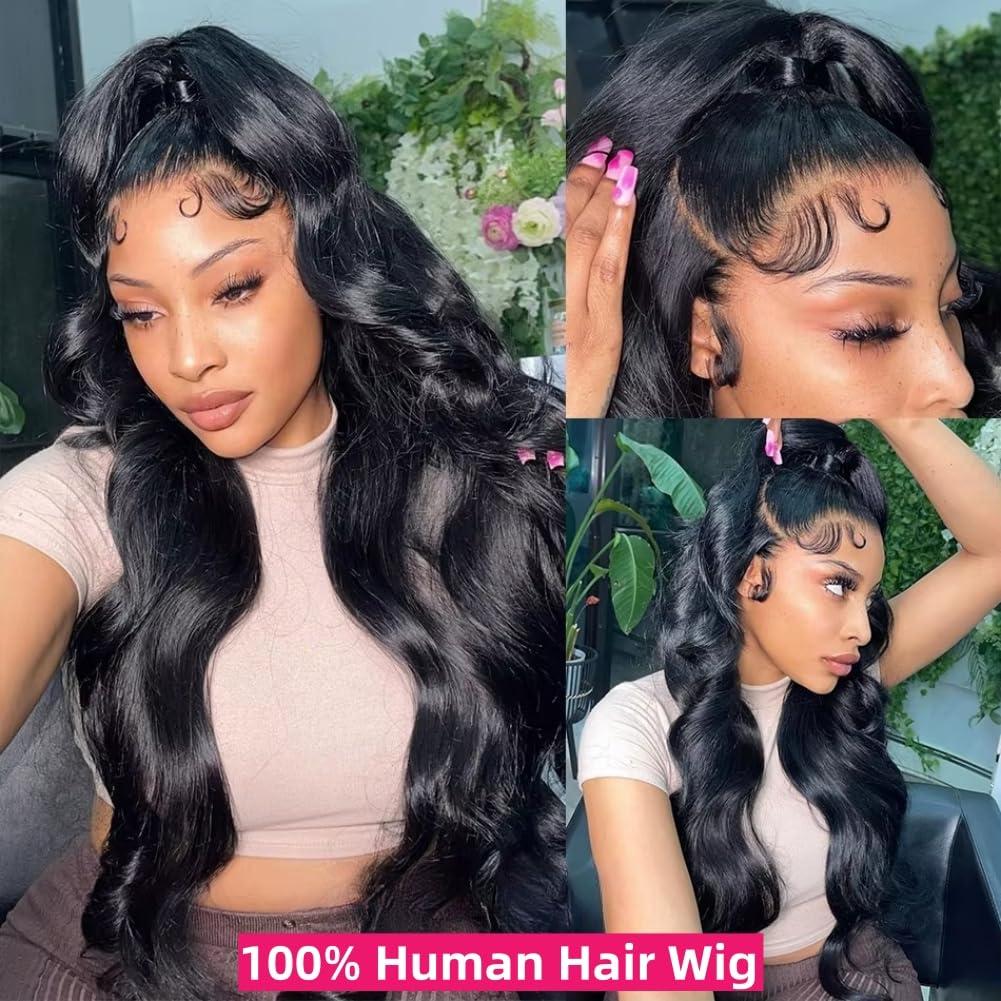 Mylockme Hair 13x4 Body Wave Lace Front Wigs Human Hair Pre Plucked HD Transparent 13x6 Lace Frontal Wig 180% Density Brazilian Virgin Human Hair Lace Front Wigs for Women Natural Black Color