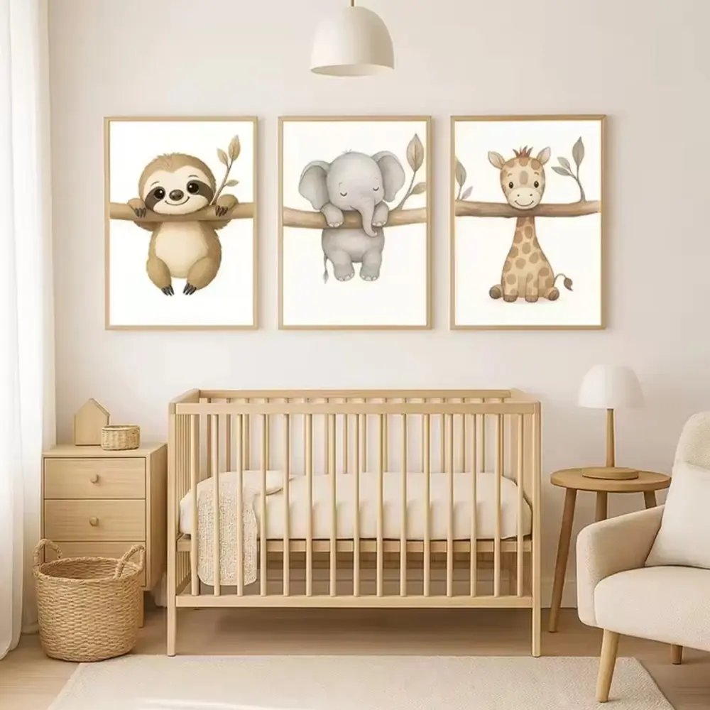 3 Pieces/set of Optional Wooden Frame, Cute Sloth Elephant and Giraffe Nursery Canvas Prints, Artistic Leopard Safari Wall Art Posters, Modern Living Room Bedroom Home Decor, Cute Animal Design
