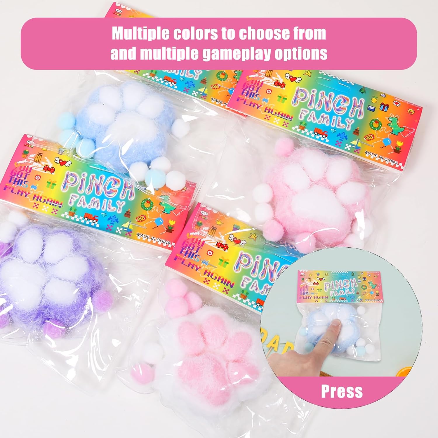 3PCS Cat Paw Squishy Toys – Large 3.15in Kawaii Fidget Squishies for Kids & Adults, Soft Sticky Squeeze Fur Ball Stress Relief Toy, Funny Jelly Novelty