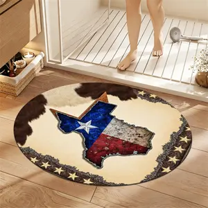 1Pc Western Texas Map with Cowhide and Star Decor Circular Bathroom Mat, Flannel Non Slip Round Art Beauty Bath Rug, Circular Thickened Soft Absorb Water Floor Carpet, Microfiber Surface Memory Foam Cushion, Home