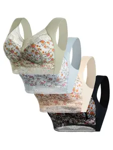 Women's Ditsy Floral Lace Wireless Bra, Medium Support Lined Full Coverage, Casual Daily Wear, Ideal Innerwear for Confidence Boost, Lace Bras