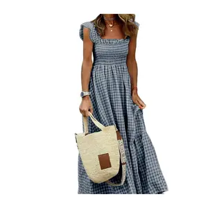 Women's Strapless Sleeveless Patchwork Plaid A-Line Long-Skirt Dress, Summer Beige Casual Wear, Plaid Casual Dresses,summervibes