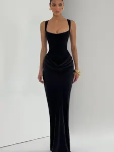 Women's Casual Long Sleeve Bodycon Maxi Dress, Pure Color Backless Design, Perfect Fit for Daily Wear & Stylish