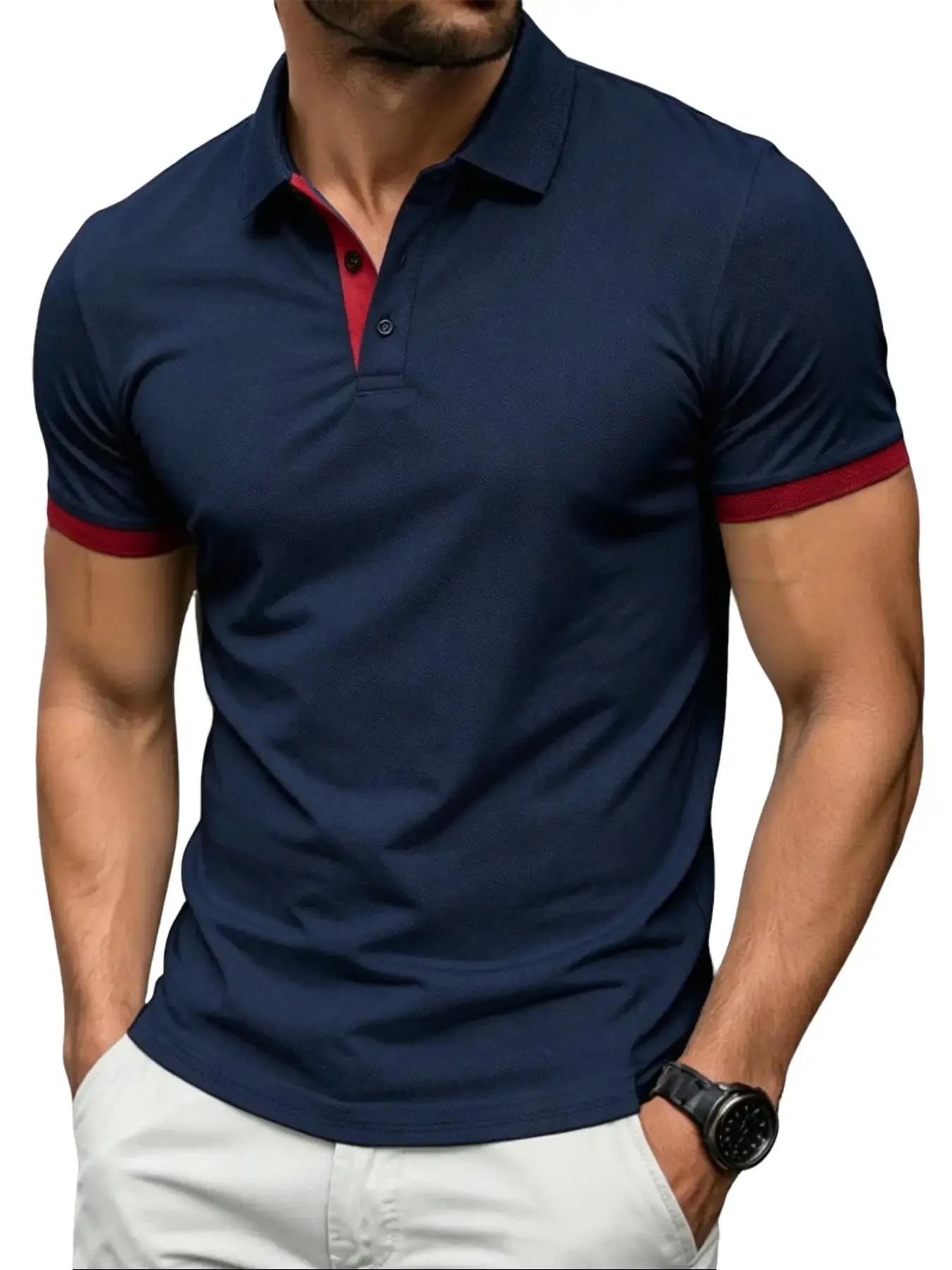 Men's Stylish Slim-Fit Color-Block Polo Shirt - Short-Sleeve, Sharp Shoulder Detail, Slimming Business Casual Polo Shirts