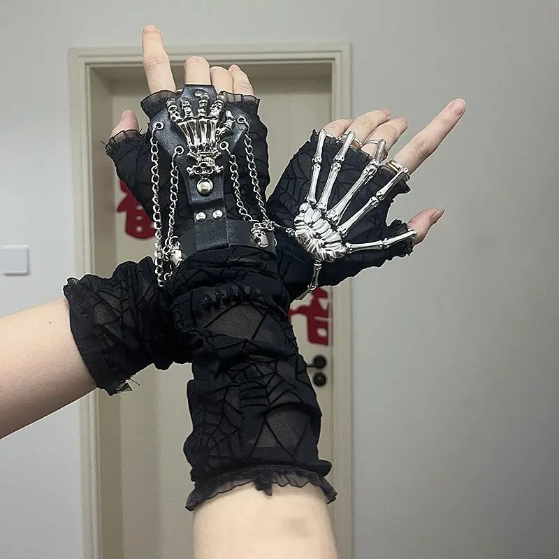 Halloween Dark Punk Gothic Spider Web Arm Sleeves Skull Bracelet Set Lace Gloves Y2K Sweet Cool Style