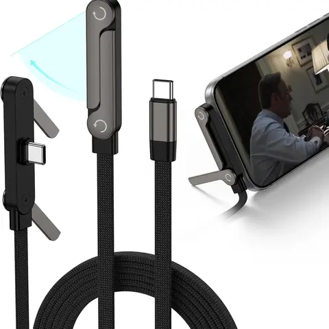 HOTU USB-C Cable 240W Fast Charging 5FT with Built-in Foldable Phone Stand 90° Bent Head 360° Rotation Adjustable T-Shaped Cord for Smartphones Tablets Laptops USB-C to USB-C Black