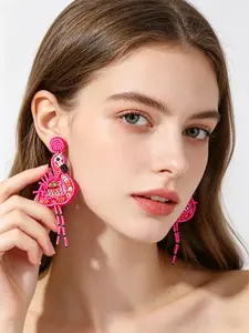 Handmade Hot Pink Beaded Flamingo Drop Earrings, Boho Tropical Statement Earrings for Women, Beachy Earrings, Lightweight Seed Bead Design, Perfect for Beach Vacations, Festivals, Parties & Bachelorette Events, Trendy Summer Vacation Jewelry