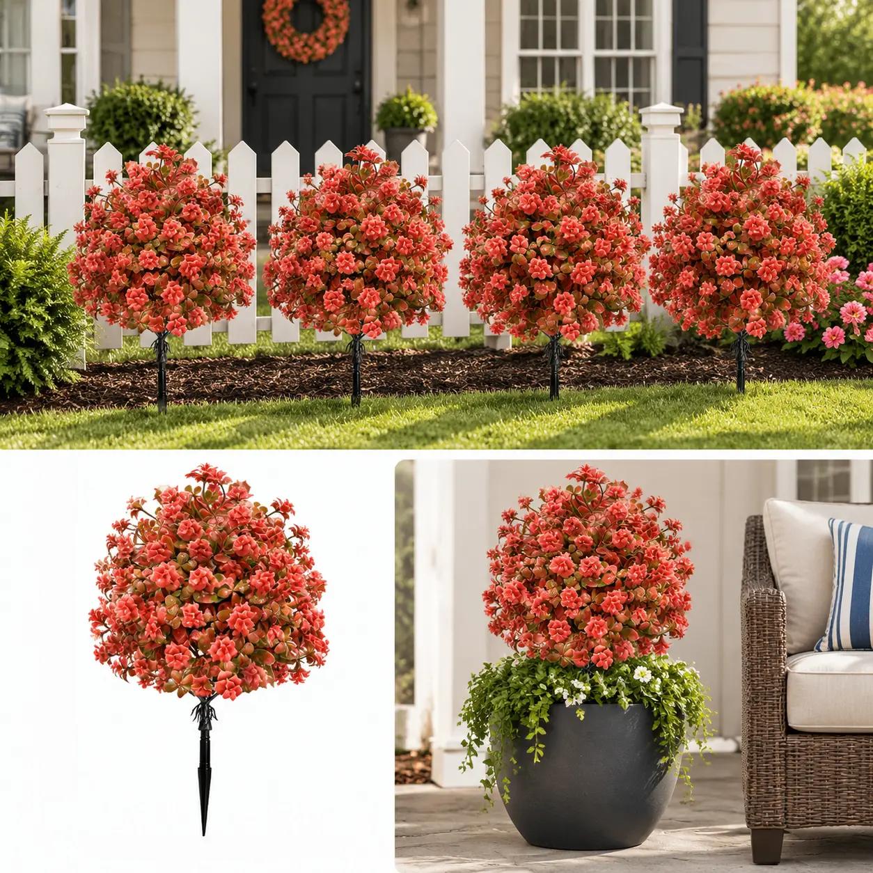 4 Pack 16.5 Inch Artificial Mums Topiary Balls Tree with Stakes UV Resistant Outdoor Faux Shrubs Fake Plants Bushes for Front Porch Planters Garden Decor