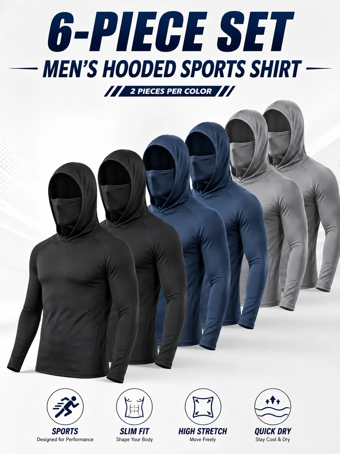 Men's 6-Pack Outdoor Work Shirts with Hood and Face Cover, Breathable Lightweight Long Sleeve Shirts for Lawn Care, Gardening and Construction