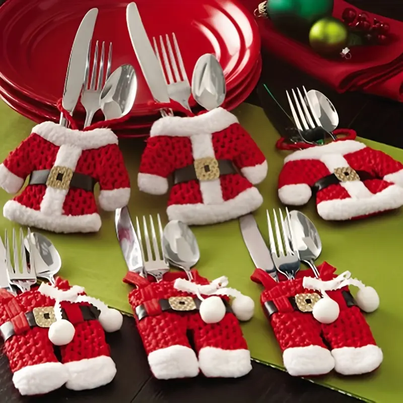 6-Pack Christmas Santa Suit Design Cutlery Holders, Silverware Storage Bags for Holiday Home Party Decorations