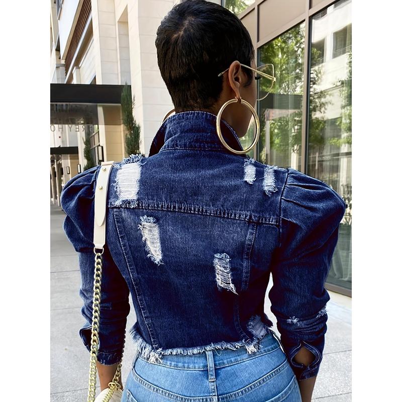 Women's Distressed Denim Jacket - Casual Black Cropped Jean Coat with Raw Hem & Puff Sleeves, Button- Style for Spring/Fall