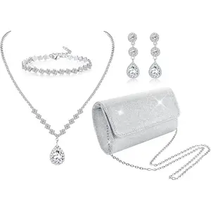 4Pcs Silver Clutch Purse Jewelry Set for Women Evening Rhinestone Purse Crystal Necklace Earrings Bracelets Set Silver Accessories for Women Bride Wedding Jewelry