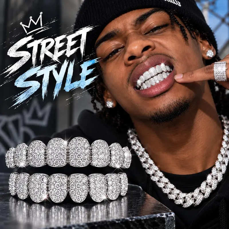 MAYLOR Silver Hip Hop Tooth Gems Grillz Set - 2-Piece Artificial Gemstones, High-Shine CZ Micro-Paved Zircon Full Coverage Oral Accessory, Easy Heat Adjustment, Silicone Molds (10x6x3cm) for Cosplayers' Party Performances