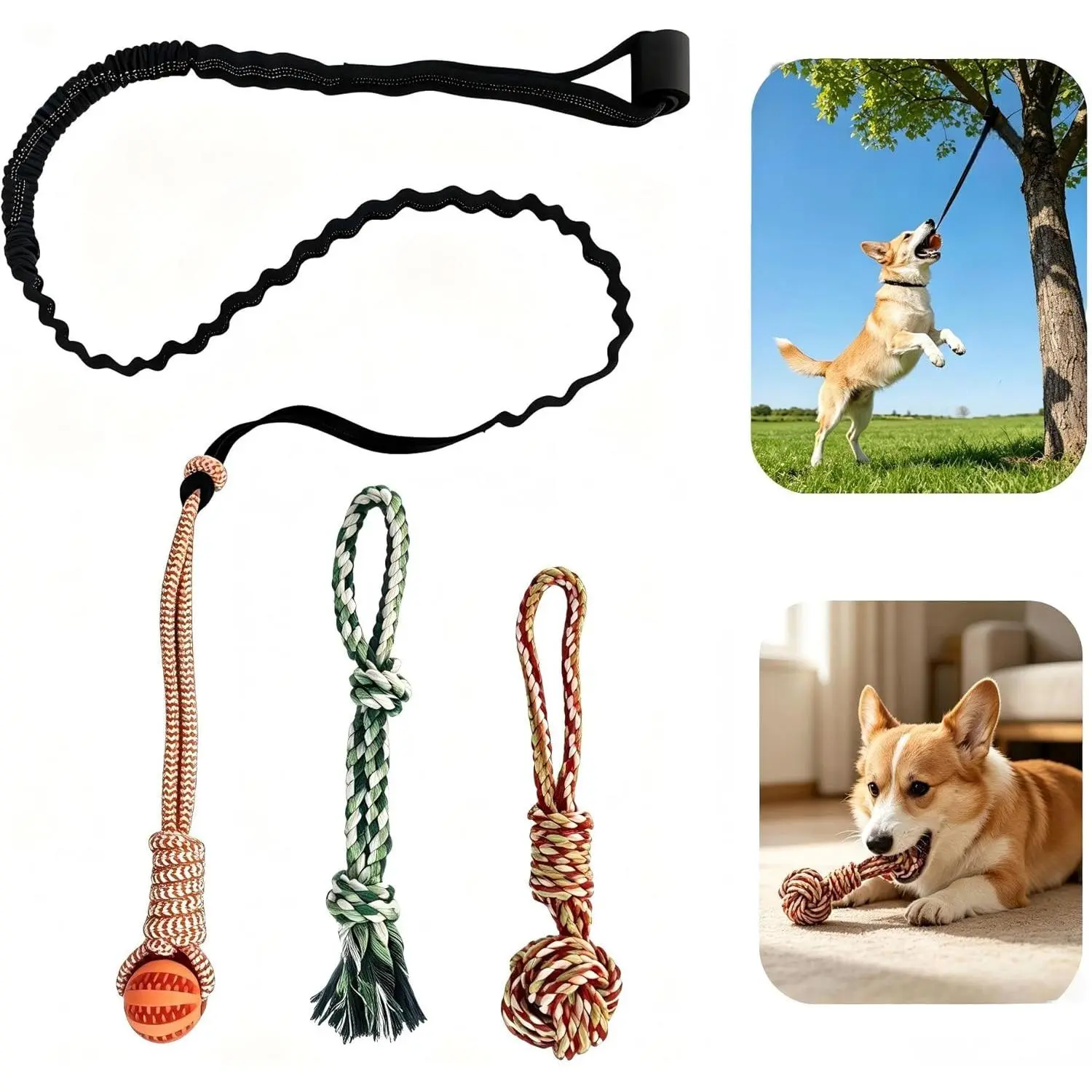 Interactive Bungee Dog Chew Toy - Reinforced Strap, Dual-Spring Core, 3-in-1 Set (Rope Ball, Rubber Ball, Double-Knot Rope), 160cm/62.99in, Hand Wash, Teeth Care, Indoor/Outdoor Tree Hang for Small-Large Dogs, 4PCS, Set Pack