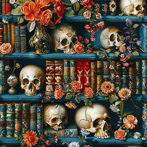 1PCS Vintage Blue Bookshelf Diamond Painting Kit with Skulls Flowers and Ornate Decor for Adults DIY Cra