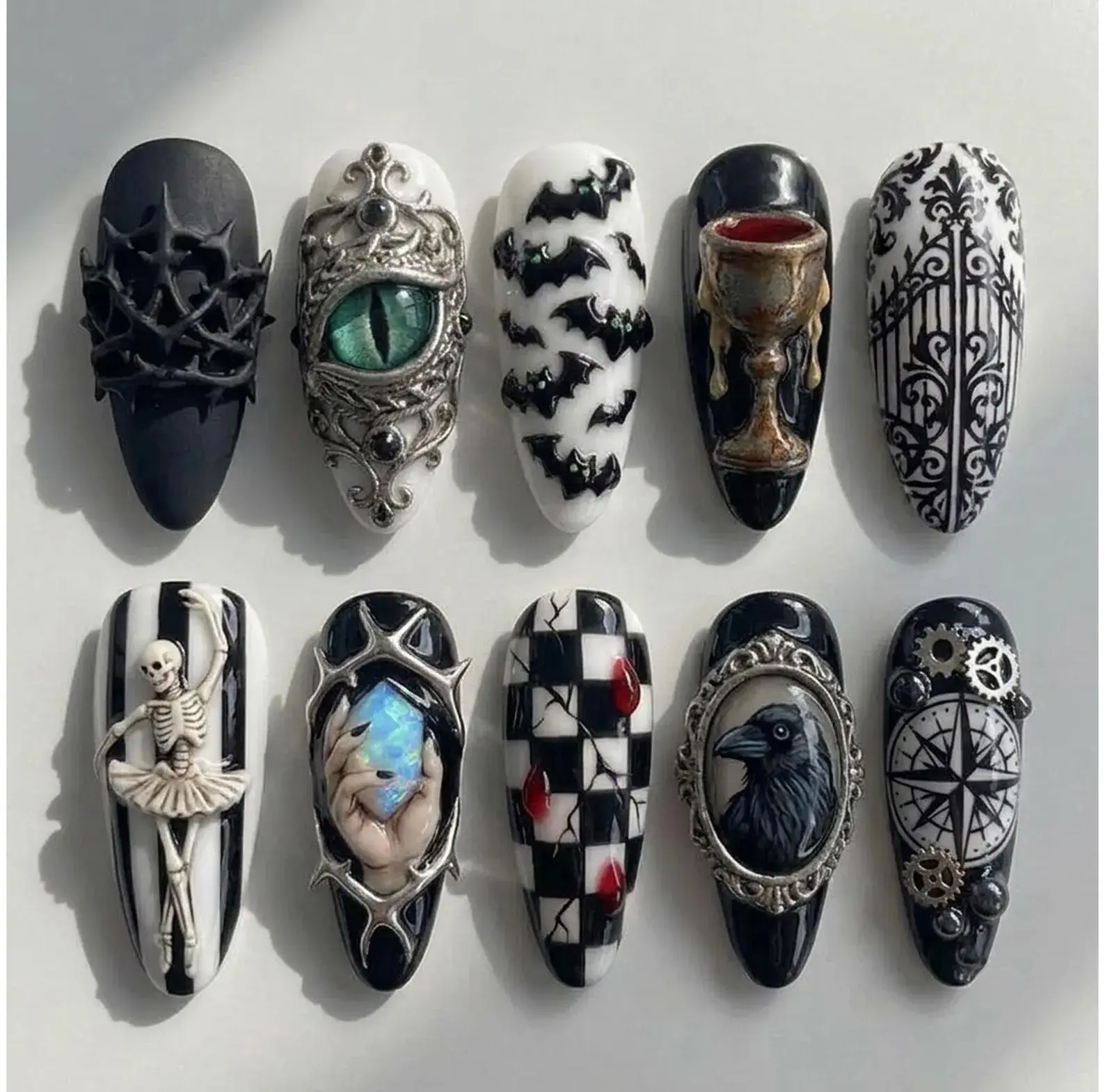 3D Gothic Macabre Press-On Nails, Hand-Painted Gel Fake Nails with Skeleton, Raven & Dragon Eye Designs for Dark Fantasy Witchy Aesthetic