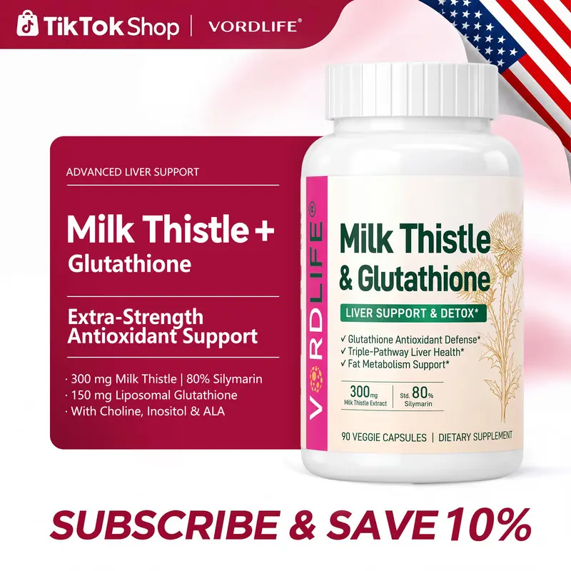 VORDLIFE Milk Thistle & Glutathione Liver Support Supplement with Choline & Alpha Lipoic Acid | Daily Liver Detox Support, Antioxidant Defense, Supports Healthy Fat Metabolism | 90 Veggie Capsules