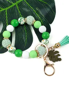 Unique Bohemian Beaded Keyring, Colorful Handmade Design, Crochet, Wooden & Patterned Beads, Fun Tassels, Leaf Charms, Ideal Gift