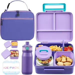 Bento Lunch Box for  with Thermos, Leakproof Bento Box with 8oz Insulated  Jar, Insulated Bottle, Lunch Bag,  Dishwasher Safe 4 Compartment Container for School Girls Boys (Purple)
