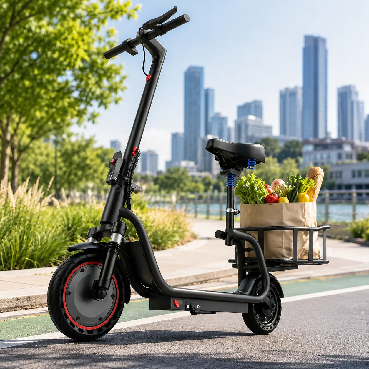 Foldable Electric Scooter with Seat and Rear Basket, 350W Motor, 19 MPH Top Speed, 16–28 Miles Range, 4 Riding Modes and Suspension