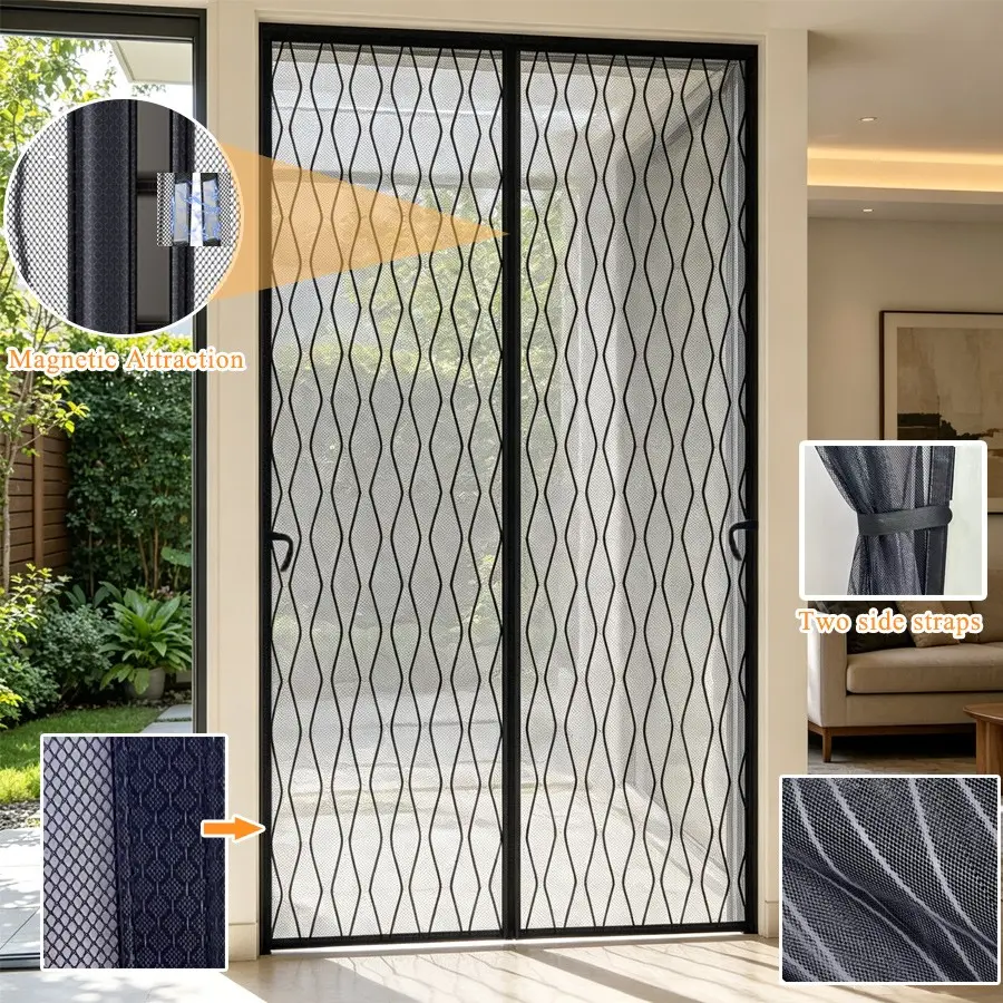 1pc Summer Magnetic Mesh Door, Double Door Design, Mosquito Net Curtain, Auto Close, Magnetic Closure, Self-Adhesive Easy Install, Pet-Friendly, Privacy Screen for Living Room Bedroom Balcony Entrance, Magnetic Doors