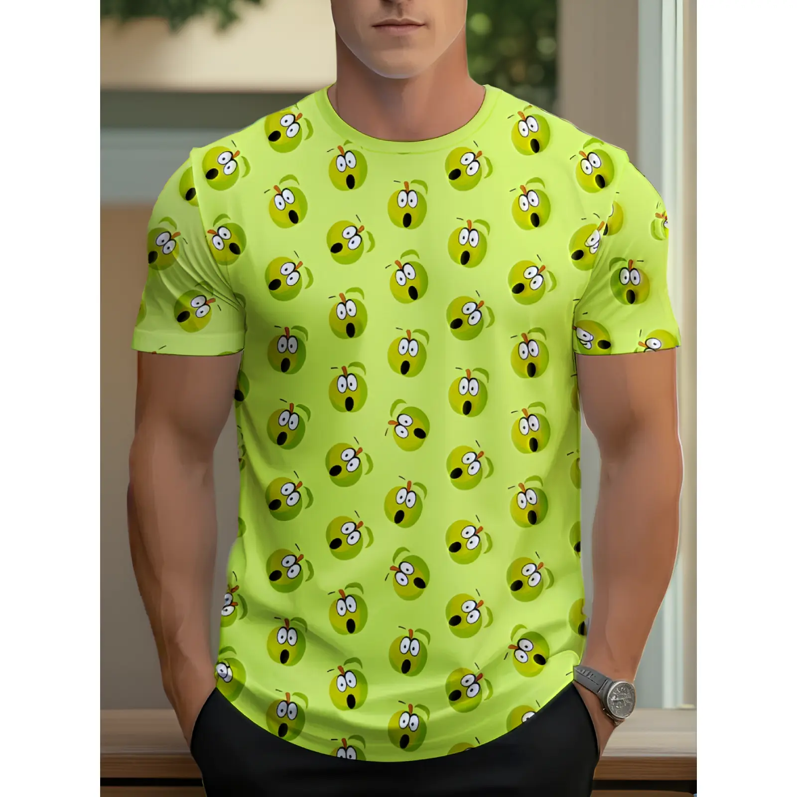 Men's Funny Green Apple All-Over Print T-Shirt - Loose Fit Breathable Short Sleeve Crew Neck Top with Full-Body Fruit, Plus Size Casual Summer Base Shirt Suitable for Daily Commute & Streetwear, Machine Washable Base Layer Men's