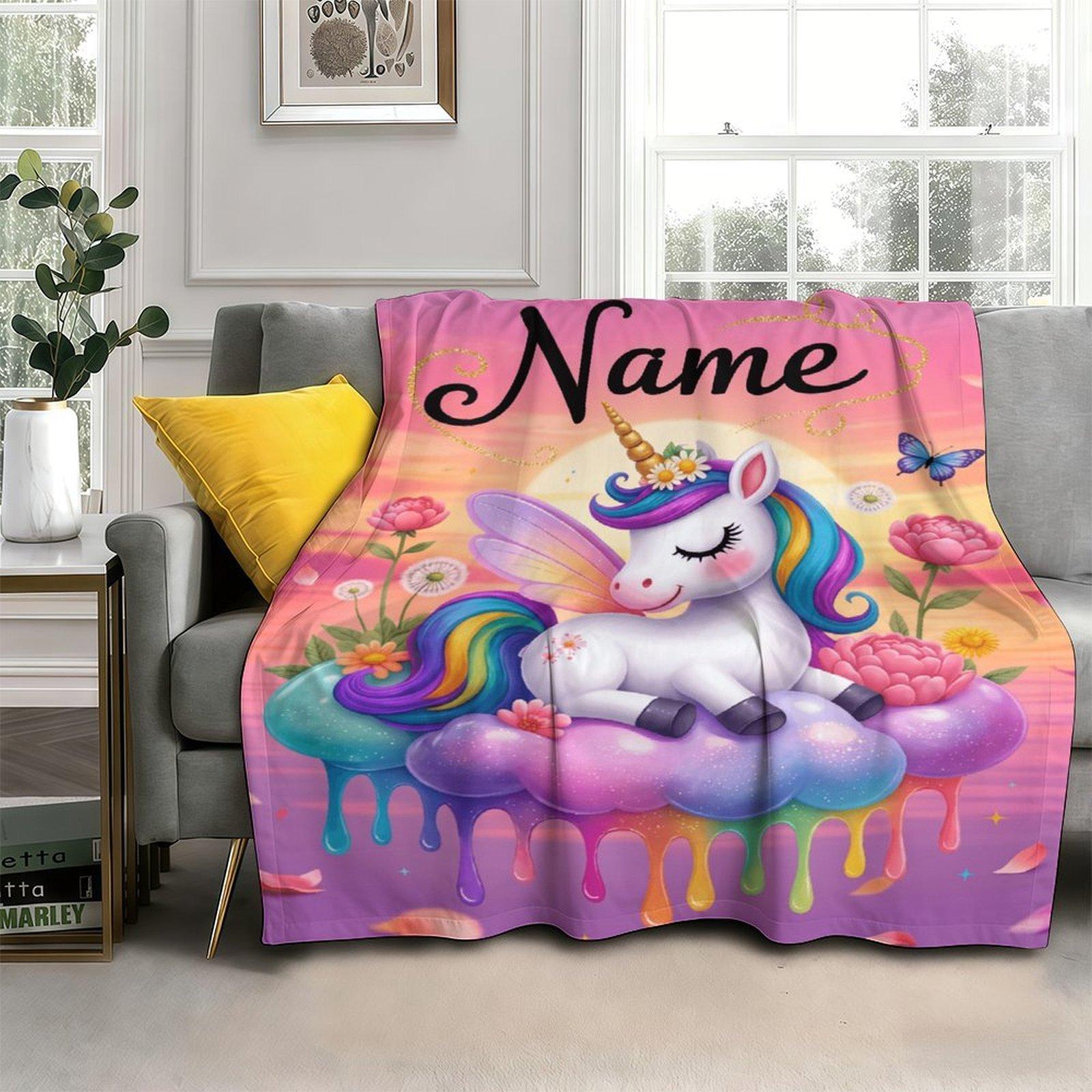 Custom Pink Unicorn Flannel Blanket ,Personalized Name Gift ,Suit for The Sofa, Bed, Travel, Camping, Living Room, Office, Chair，Gifts for Family or Child  ,Friend , Send your custom text via shop chat to personalize