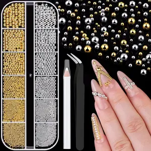 1-3MM Mini Small Nail Beads Metal Caviar Beads Silver Gold Nail Charms and Gems Ball, Nail Balls for Nail Art Accessories Supplies Gold Rhinestones for Women Manicure