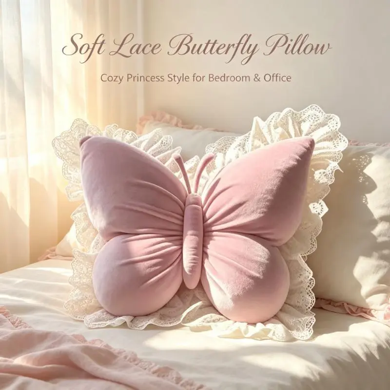 Butterfly Pillow with Lace Trim Decorative Butterfly Shaped Throw Pillows Floor Reading Pillow Car Cushion 21.7" x 21.7" Soft Plush Cushion Decor for Bed