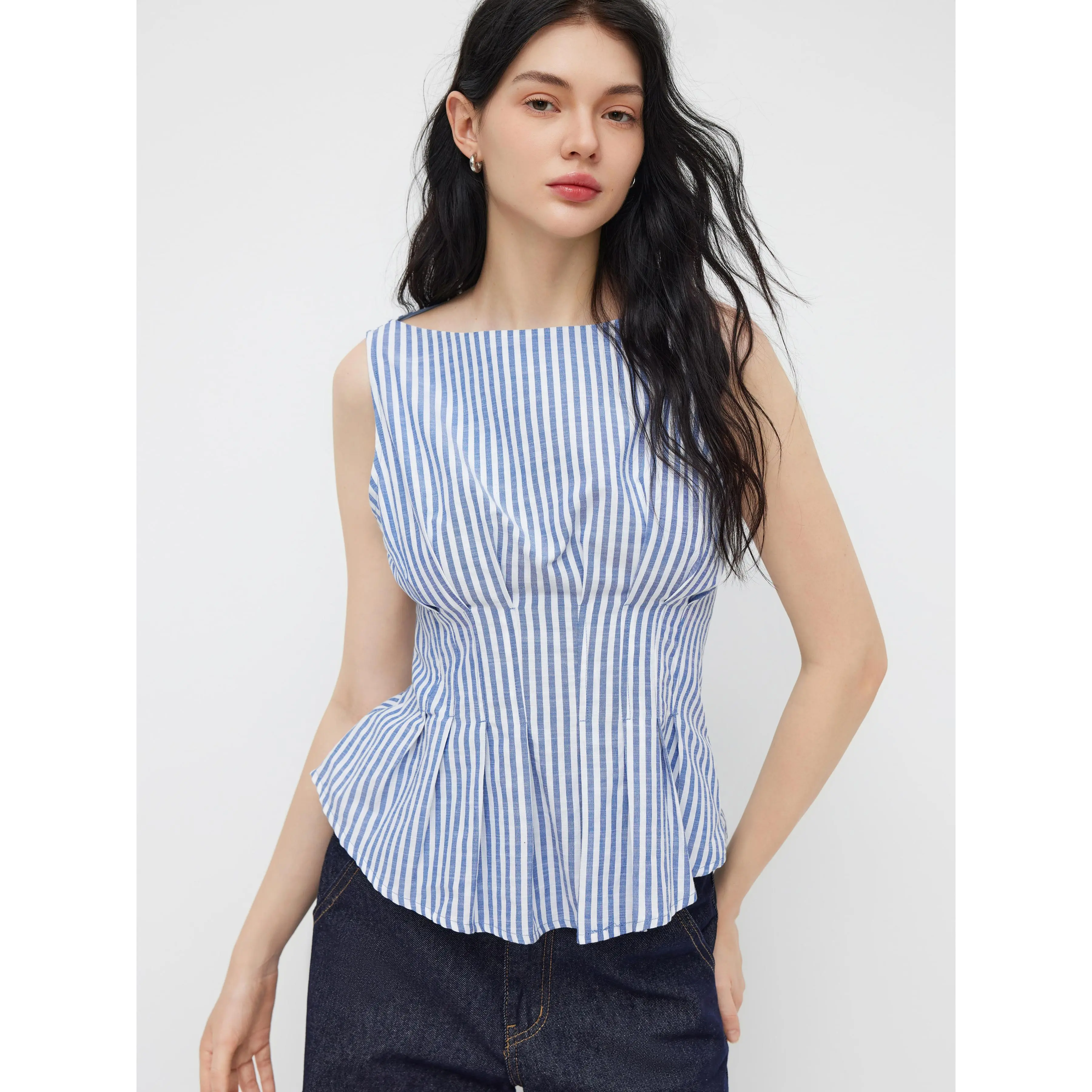 Cider Cotton-blend Boat Neck Stripe Pleated Tank Top SwimWeek