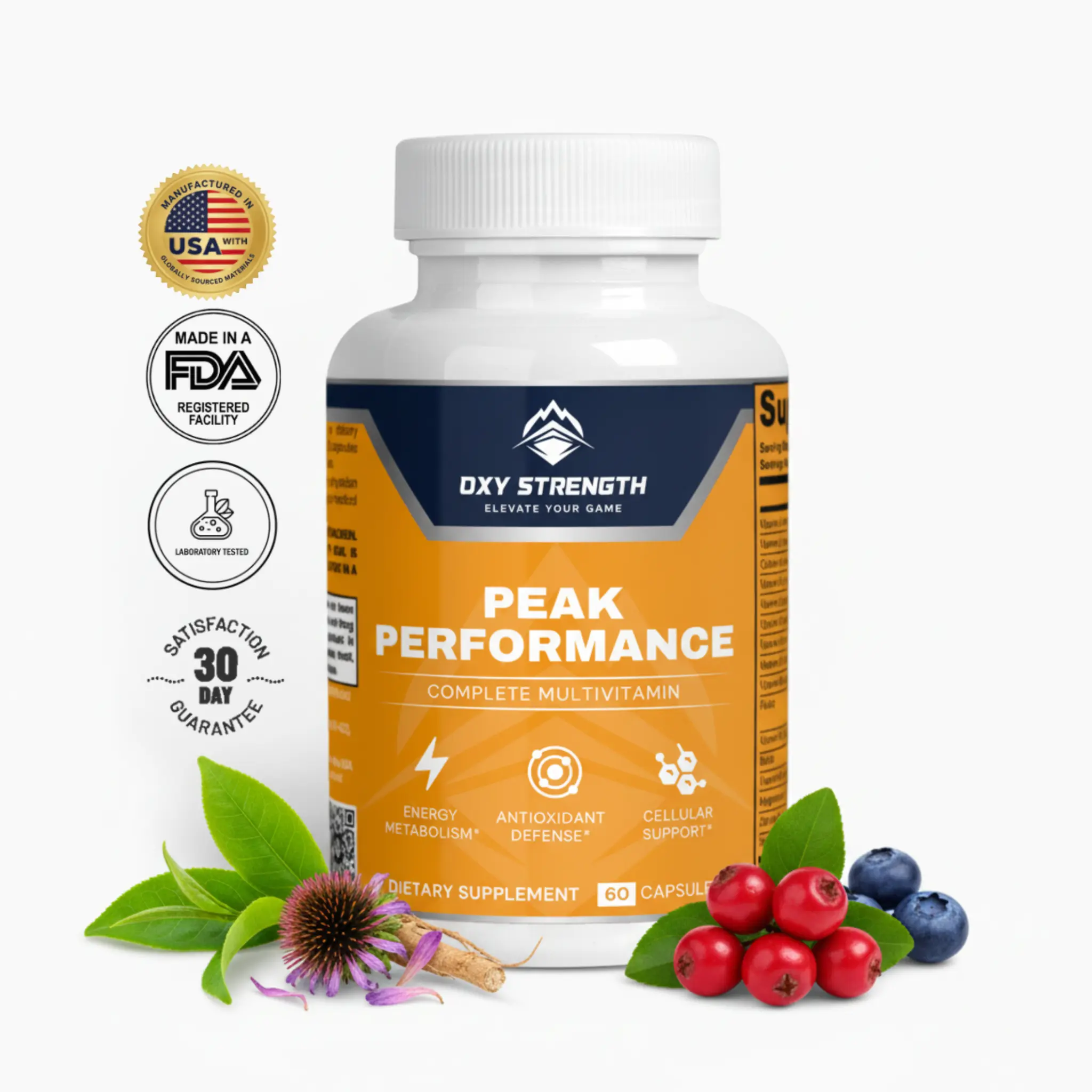 OxyStrength Peak Performance Complete Multivitamin with Vitamin A C D E B Complex Calcium Zinc for Energy Metabolism Immune Defense & Muscle Function 60 Capsules