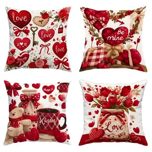 4pcs Valentine's Day Pillowcase Set, Vibrant Red, Love, Gift, Tea Cup, Love Letters and Other Decorative Patterns, Perfect Choice for Home and Outdoor Holiday Decorations, Single-sided printing without pillow insert