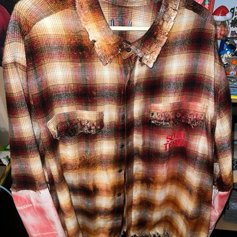 Soul Tears "Burnt Memory" Distressed Flannel Unisex XL - Heavy Distressing Raw Frayed Edges Layered Textures Worn Aesthetic Menswear - Casual comfortable hoodie