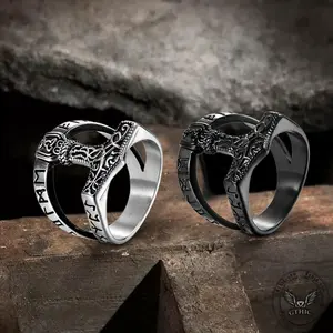 GTHIC Norse Runes Thor’s Hammer Ring Stainless Steel Viking Unisex Jewelry Fashion Daily Wear