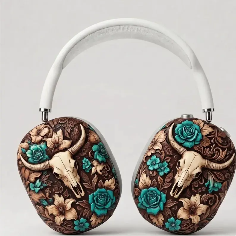 Flat 2D Printed Faux 3D Western Bull Skull & Turquoise Floral AirPods Max Tough Case -  Tooled Leather Effect - Smooth Glossy Protection - Country Cowgirl Aesthetic Headphone Cover