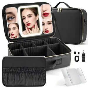 Makeup Bag with LED Mirror 1X/5X/10X/20X/30X Magnification  Travel Cosmetic Train Case with Brush Holder Adjustable Dividers | Portable Makeup Organizer Fits in Luggage | Gift for Her；Portable Adjustable Divider Storage Bag