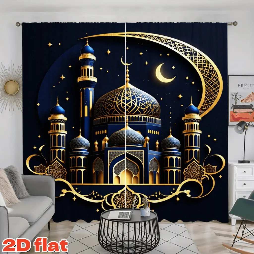 2D Flat 2Pcs Ramadan Decor Window Curtains, Blue and Gold Mosque Design, Elegant Islamic Architecture Drapes, Semi-Shade Privacy Panels, for Living Room Bedroom Dining, Treatment, Anti-Privacy, Home Textile, Home Decorative Curtain, Window Shade Cover