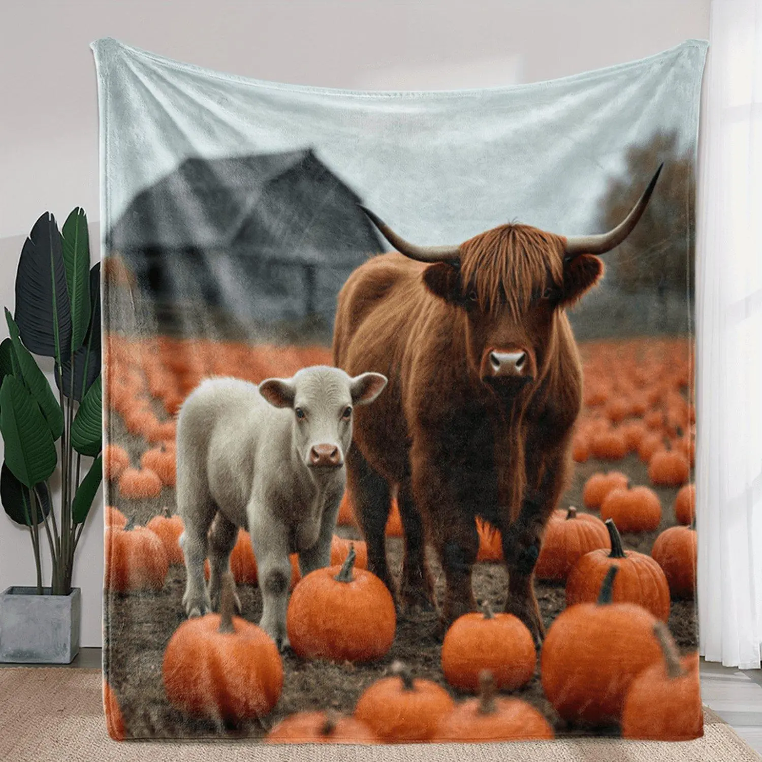 1pc Sdoo Flannel Blanket - Halloween Cow & Pumpkin Farm Scene Throw - Soft Highland Cattle Pasture Design - All-Season Couch, Bed, Camping, Travel Blanket - Cozy Home Decor Gift for Halloween & Farmhouse Decor - Durable Flannel Fa