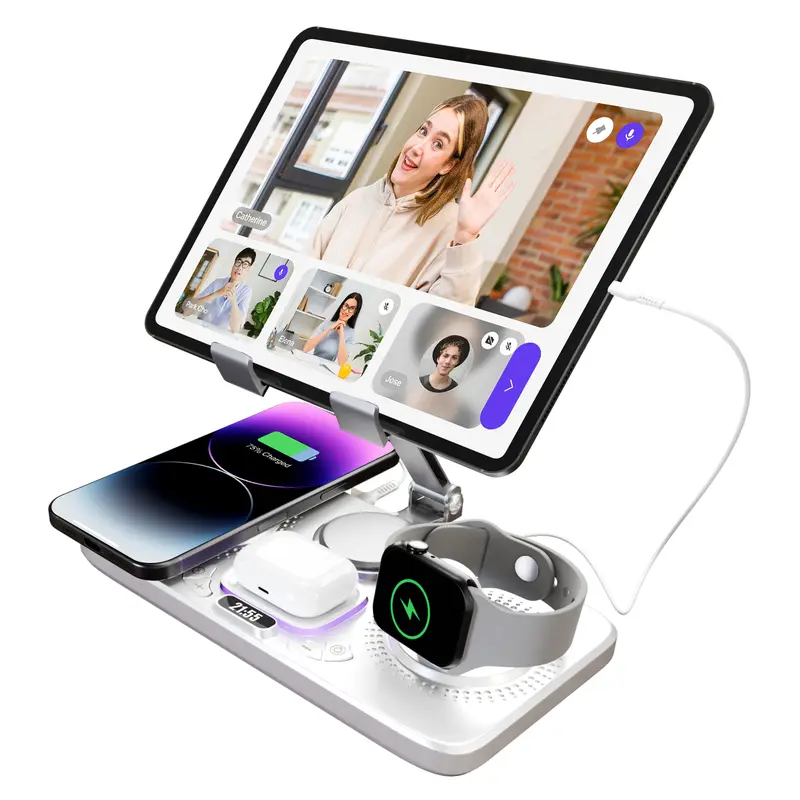 6-in-1 Foldable Compact Aesthetic USB-C Powered Wired Desktop Charging Stand - Desk Gadgets with LED Lights Bedroom, Color-Cycle LED, Clock + Glow Display, Multi-Purpose Dock for Smartphones & Mobile Devices techvibes