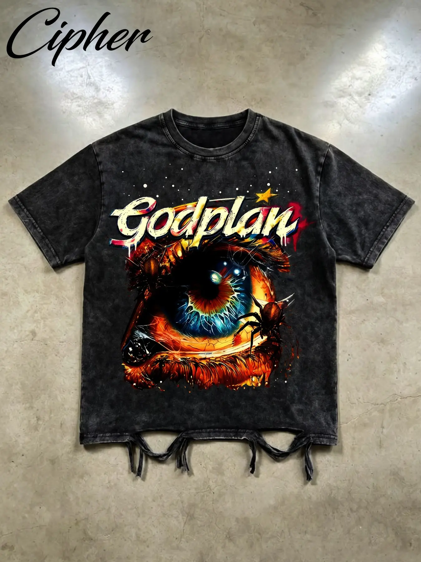Men's Eye Print Distressed Ripped T-Shirt, Street Style Short Sleeve Top, Punk Fashion Crew Neck Tee, Perfect for Music Festivals