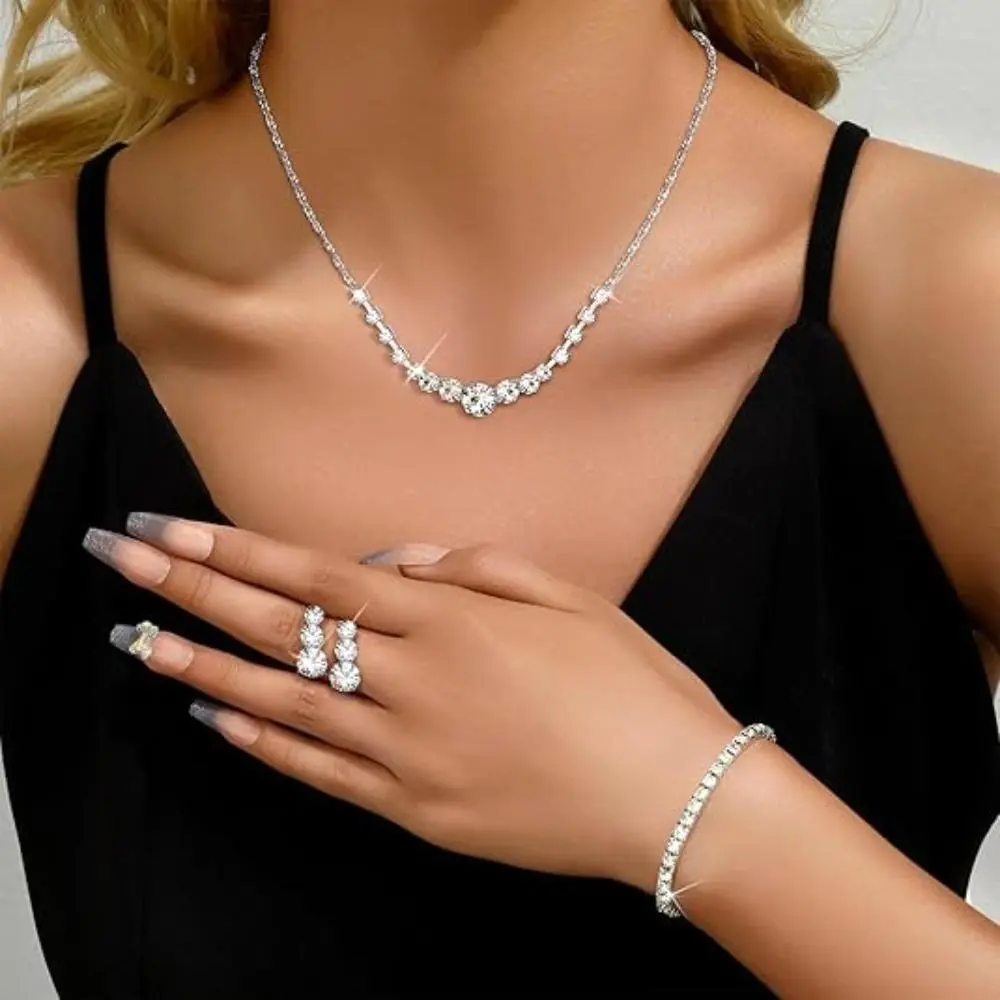 4PCS Silver Jewelry Set for Women Rhinestone Crystal Necklace Drop Earrings Link Bangle Bracelet Bridal Wedding Jewelry Sets for Brides Bridemaid Prom Costume Accessories