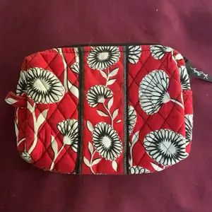 Vera Bradley Cosmetic Bag - Red Floral Design with Quilted Pattern and Zipper Closure