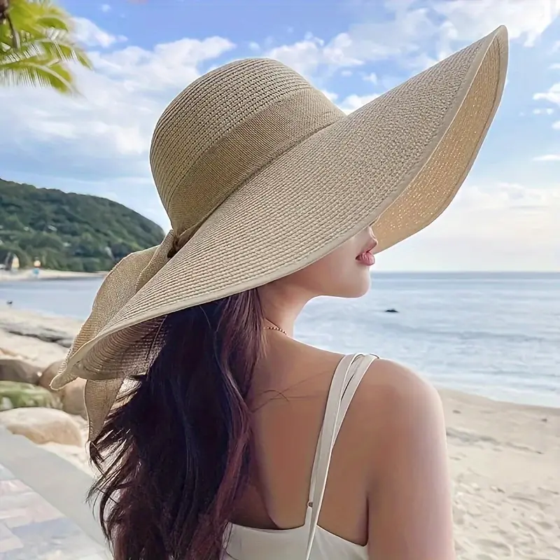 Women's Wide-Brim Straw Hat with Bow Detail, Extra Large Brim, Lightweight Breathable Khaki Beige 1 Size Fits Most Hats for Women, UV Sun Protection for Beach, Outdoor Summer Activities