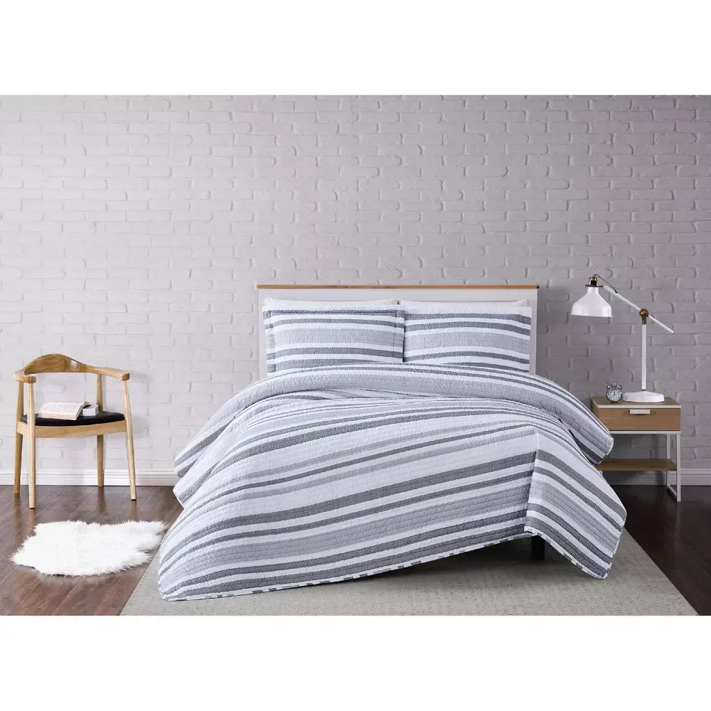 Truly Soft Full/Queen 3pc Curtis Stripe Quilt Set White/Gray: Microfiber Reversible OEKO-TEX Certified