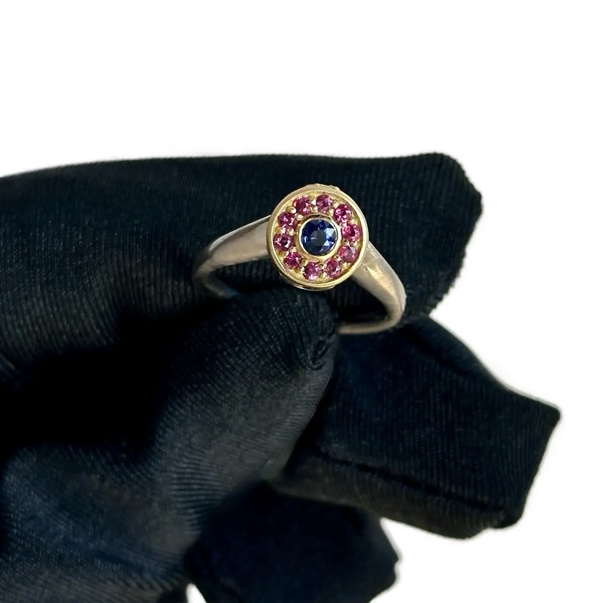 Artisan 18K White Gold & Yellow Gold Ring with 3.5mm Sapphire and .35ctw Rubies