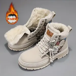 Autumn and Winter New Men's High-top Grass Weave Bear Pattern Boots Warm Work Boots Outdoor Motorcycle Boots